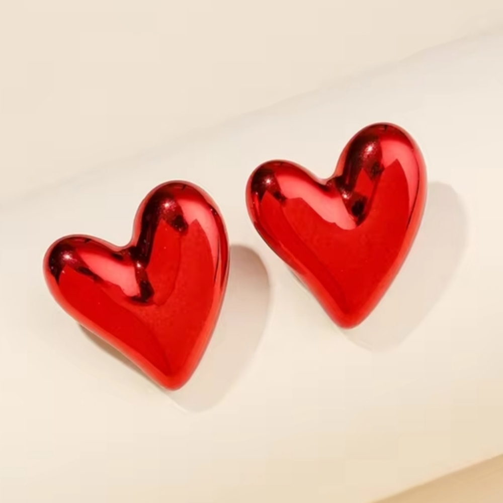 Puffy Metallic Shiny Red Punk Chrome Chunky Heart Shaped Stud‎ Earrings